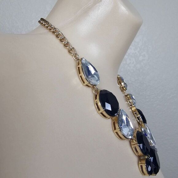 J. Crew Necklace Black White Acrylic Rhinestone Gold Tone Statement Chunky Bib - Picture 4 of 15